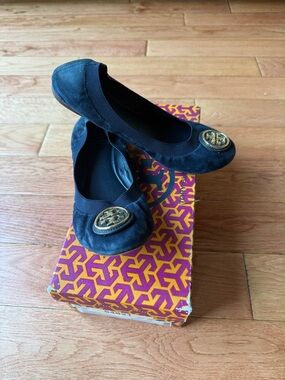 Nordstrom Navy Suede Ballet Flats with Gold Emblem